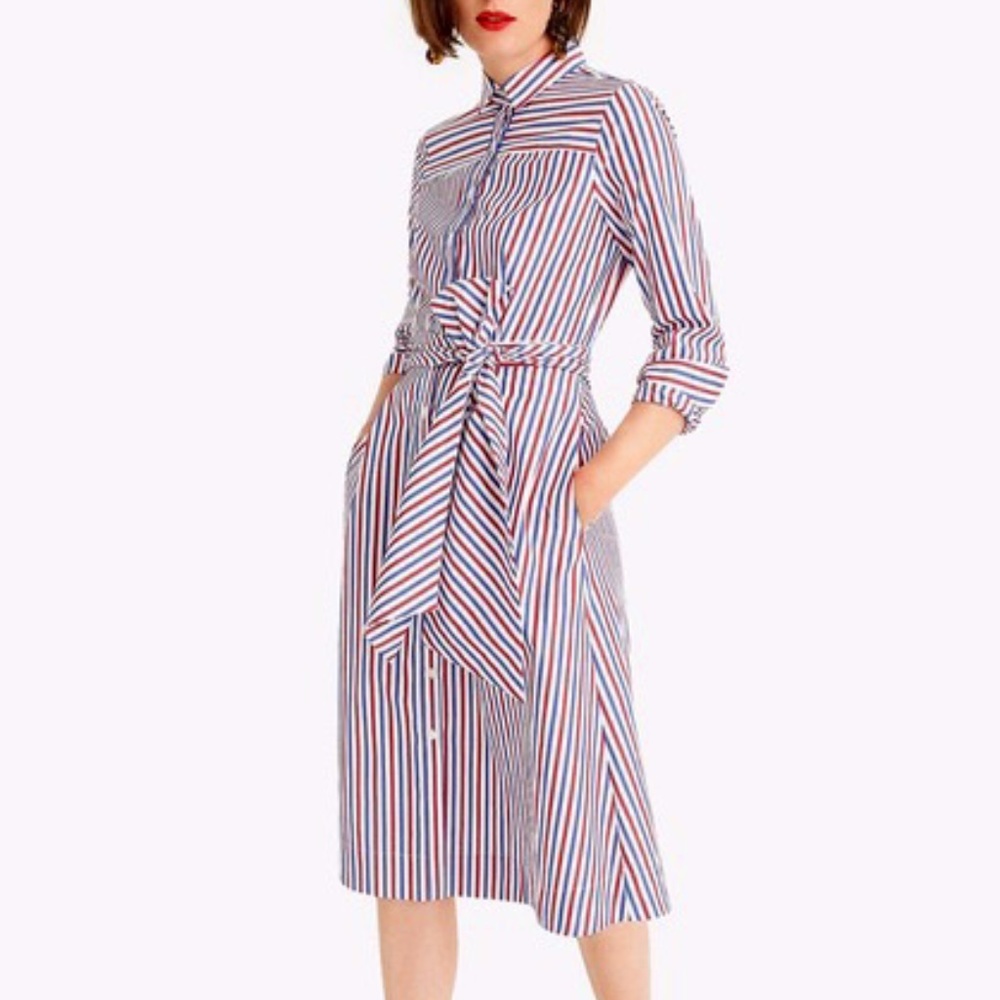 NWT J.Crew Tie-Waist Shirt Dress Red Blue Stripes